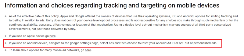 Instructions for opting out of personalised Ads provided by Unity Ads